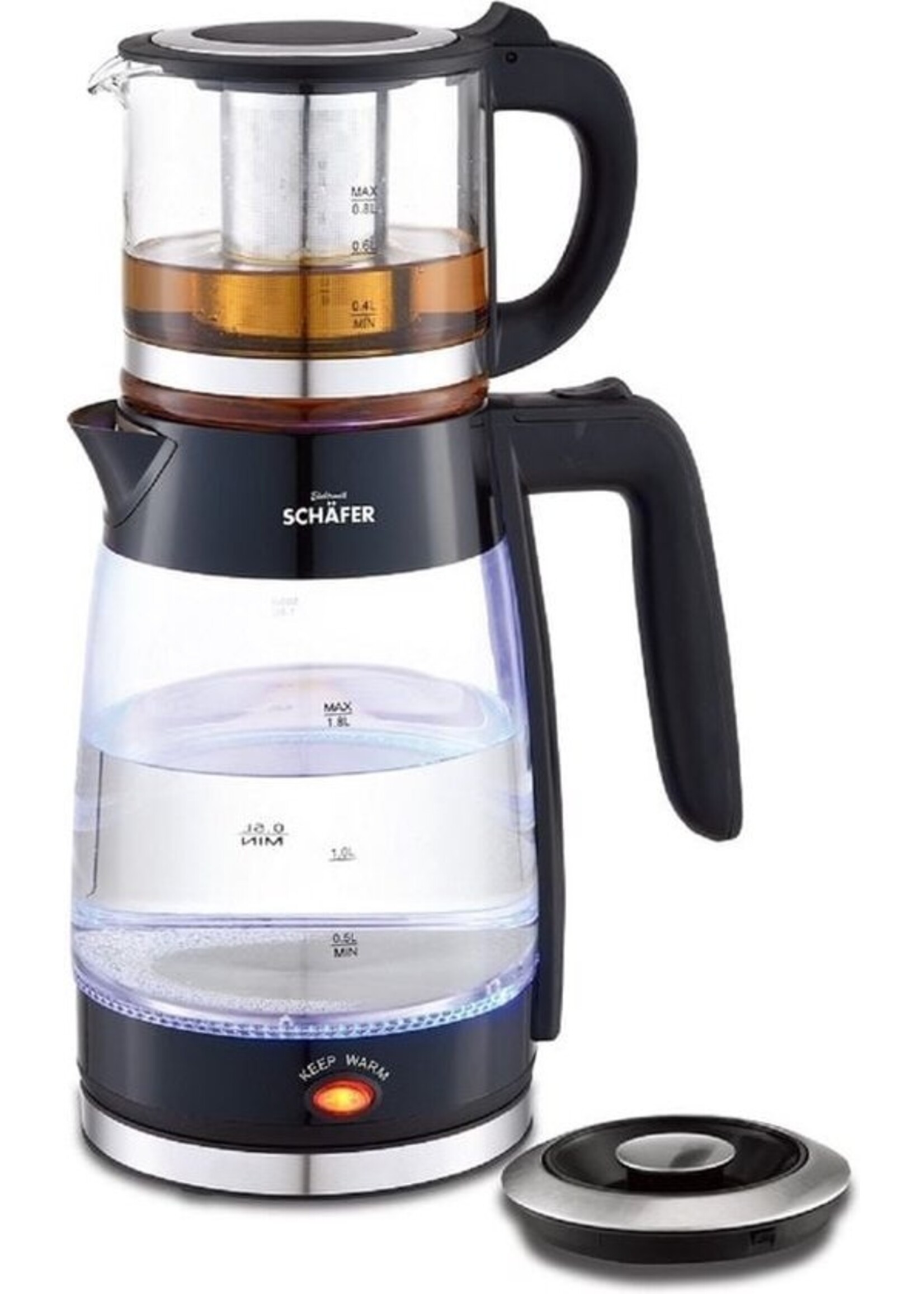 Théière en verre Schäfer 74269 - 1,8/0,8 litre et 2200 W - Bouilloire - Théière électrique - Caymatik - noire