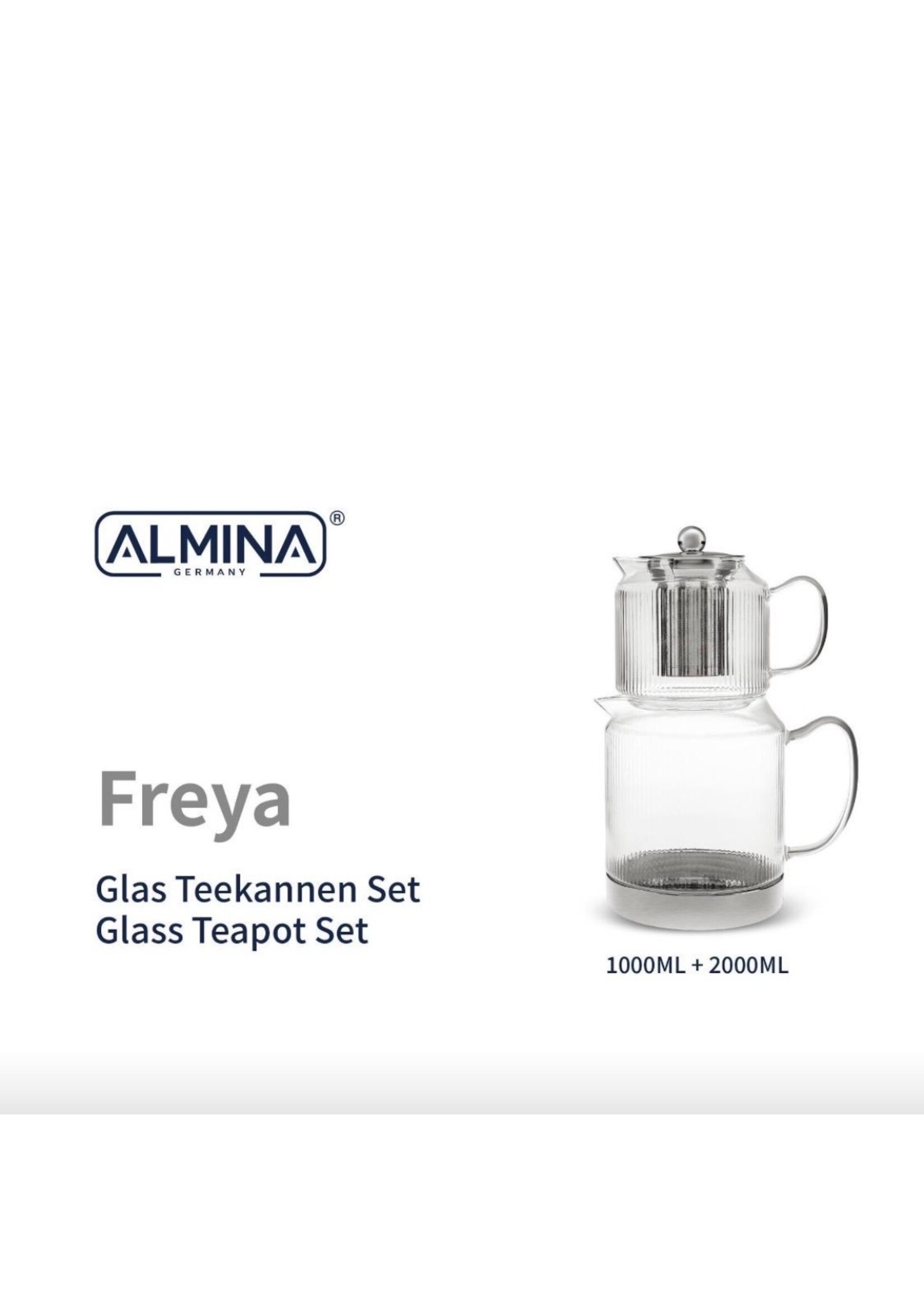 Service à thé en verre Almina Freya – 1000 ml + 2000 ml | Service à thé double de luxe avec filtre en acier inoxydable