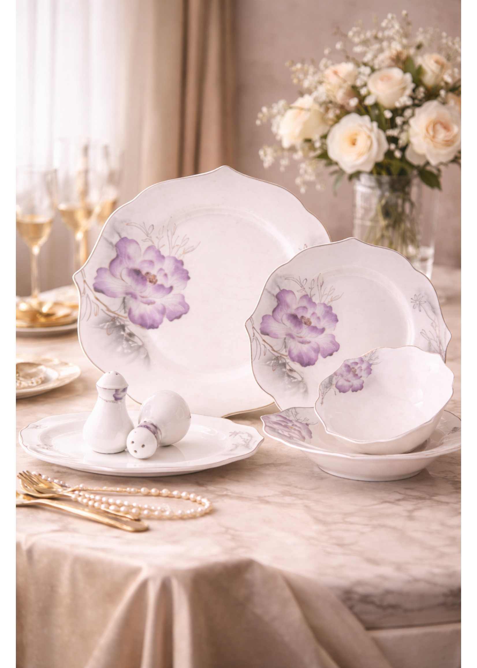 Sunay 27-teiliges Geschirrset – Feines Porzellan mit rosa Blumen und Goldrand