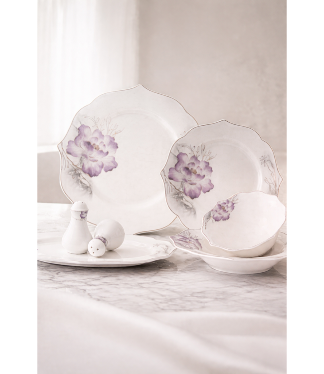 Sunay Service de table 27 pièces – Porcelaine fine à fleurs roses et bordure dorée