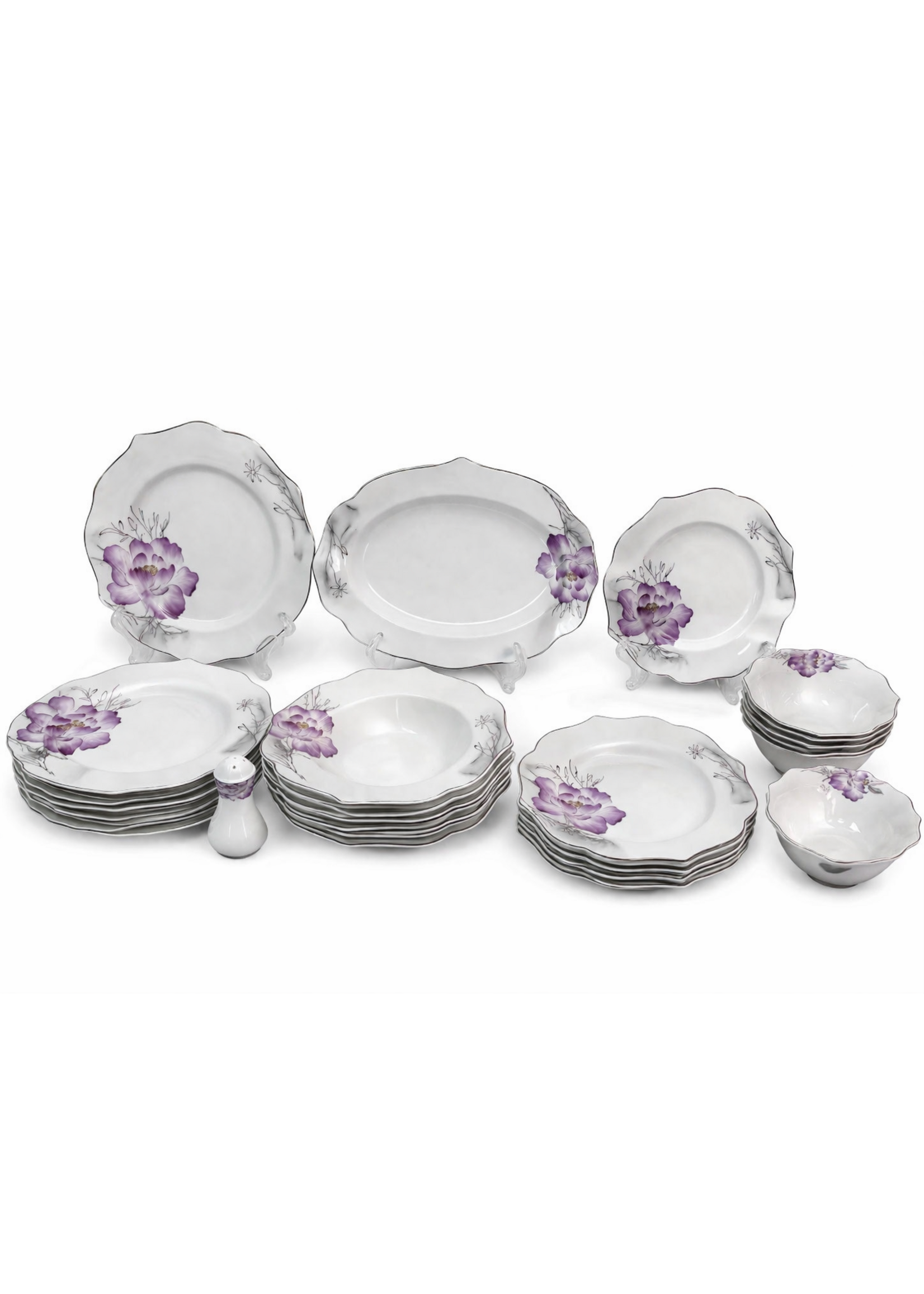 Sunay Service de table 27 pièces – Porcelaine fine à fleurs roses et bordure dorée