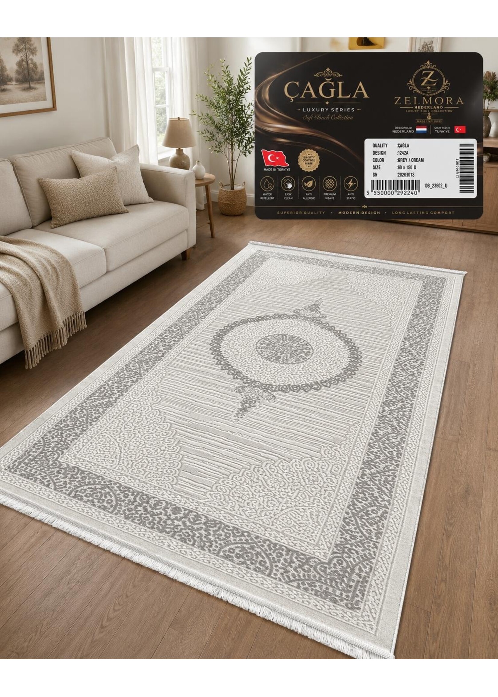 Zelmore ÇAĞLA Luxus-Teppich – Grau/Creme