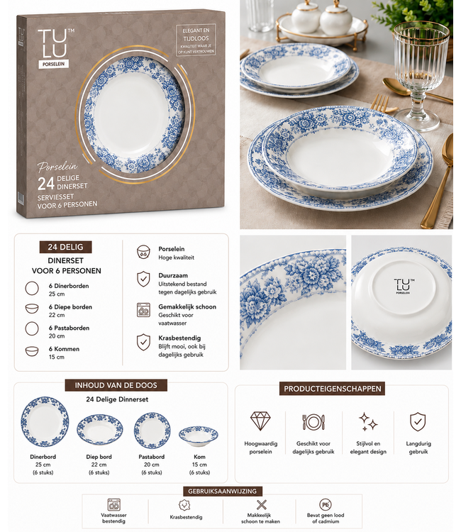 Service de table en porcelaine Tulu 24 pièces bleu clair