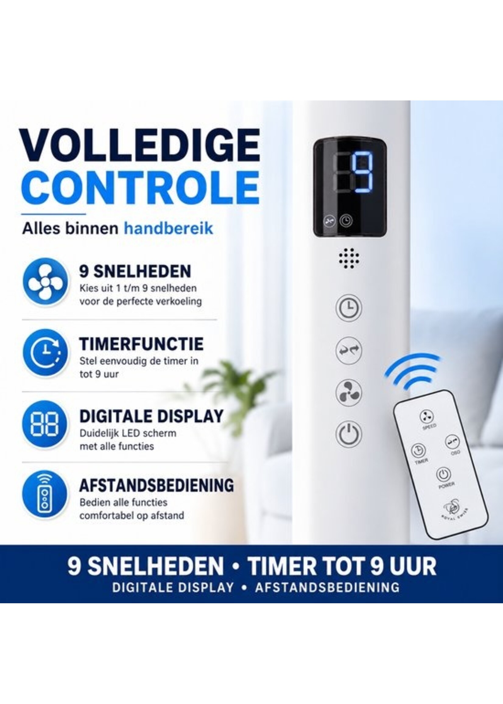 Standventilator 40 cm – 3-in-1-Standventilator – Fernbedienung – 9 Geschwindigkeitsstufen – Timer – Royal Swiss RSF16A