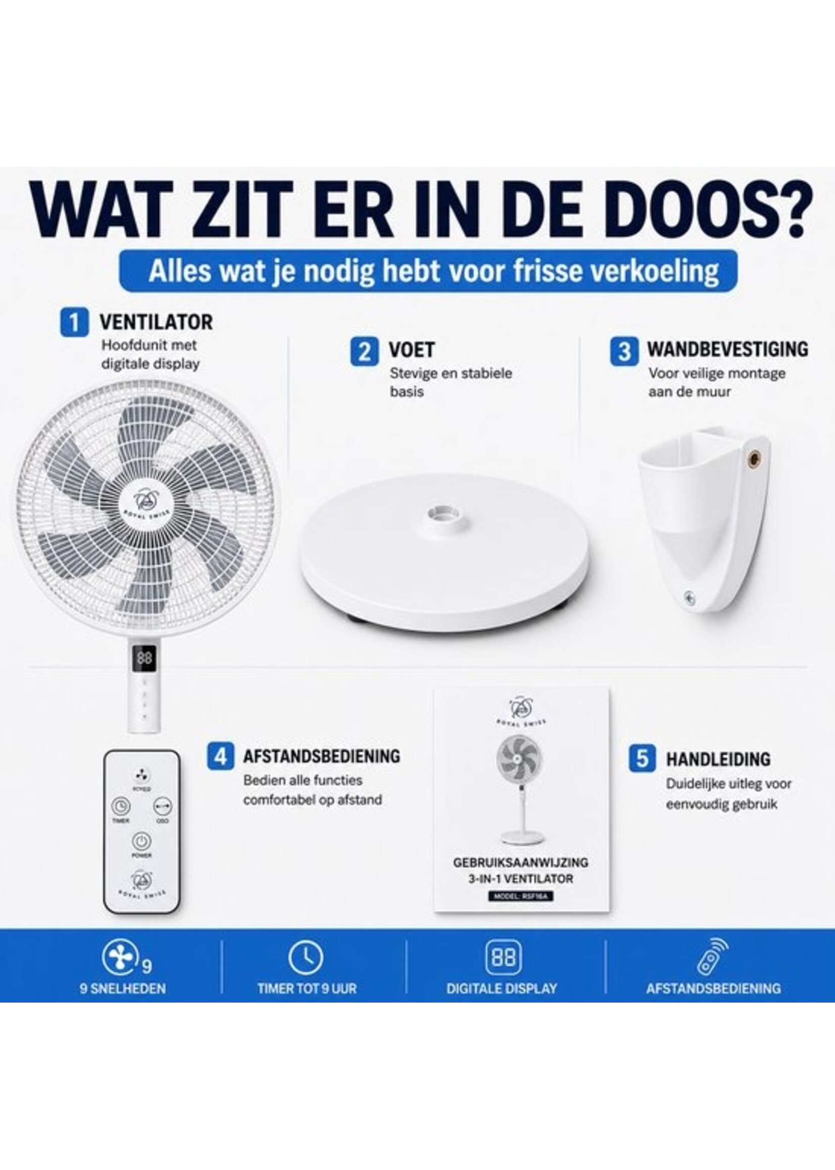 Standventilator 40 cm – 3-in-1-Standventilator – Fernbedienung – 9 Geschwindigkeitsstufen – Timer – Royal Swiss RSF16A