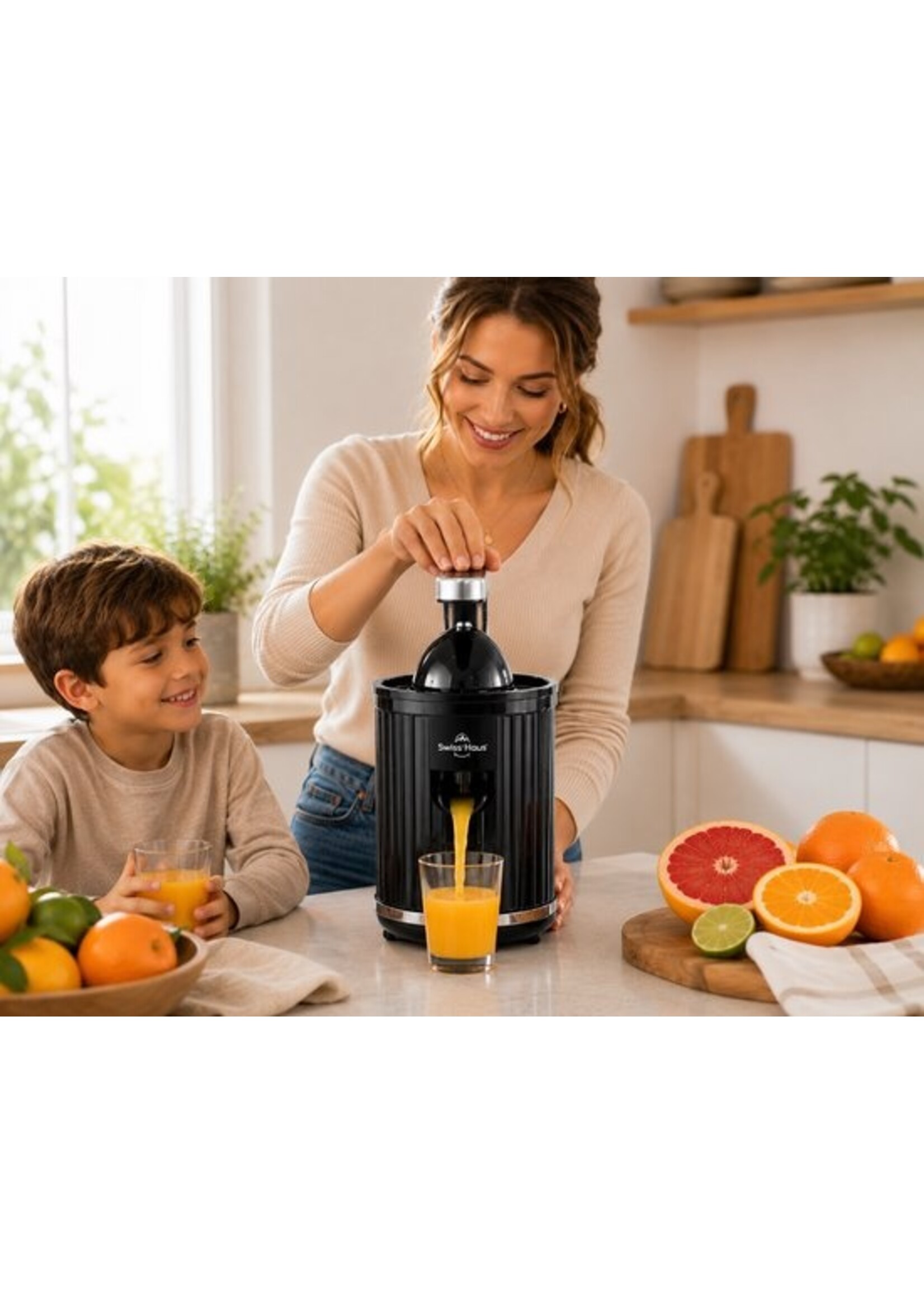 Presse-agrumes électrique Swiss Haus® CJ23 - 300 W – Presse-oranges électrique avec levier – Sans BPA – Presse-citrons – 2 cônes de pressage pour oranges et citrons – Noir
