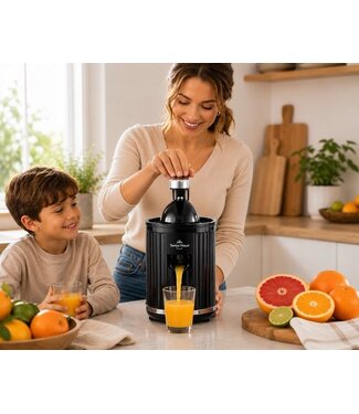Swiss Haus® CJ23 Elektrische Zitruspresse – 300 W – Elektrische Orangenpresse mit Presshebel – BPA-frei – Zitronenpresse – 2 Presskegel für Orangen und Zitronen – Schwarz