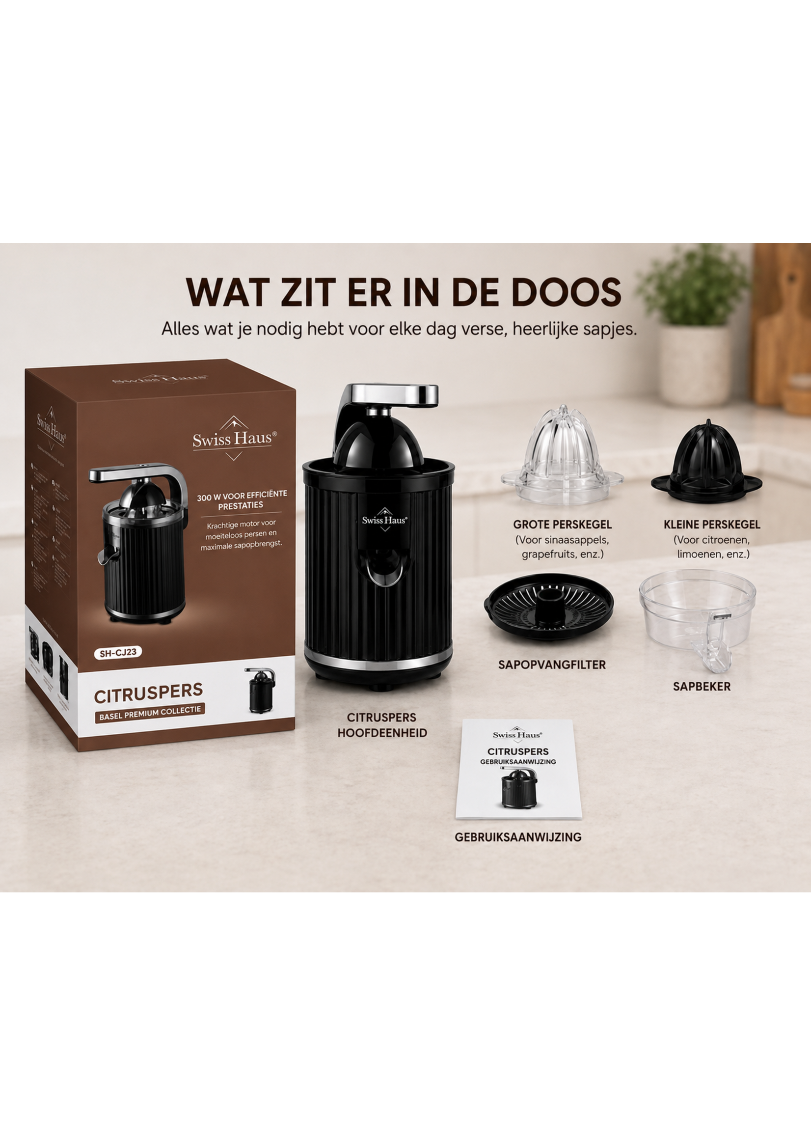 Presse-agrumes électrique Swiss Haus® CJ23 - 300 W – Presse-oranges électrique avec levier – Sans BPA – Presse-citrons – 2 cônes de pressage pour oranges et citrons – Noir