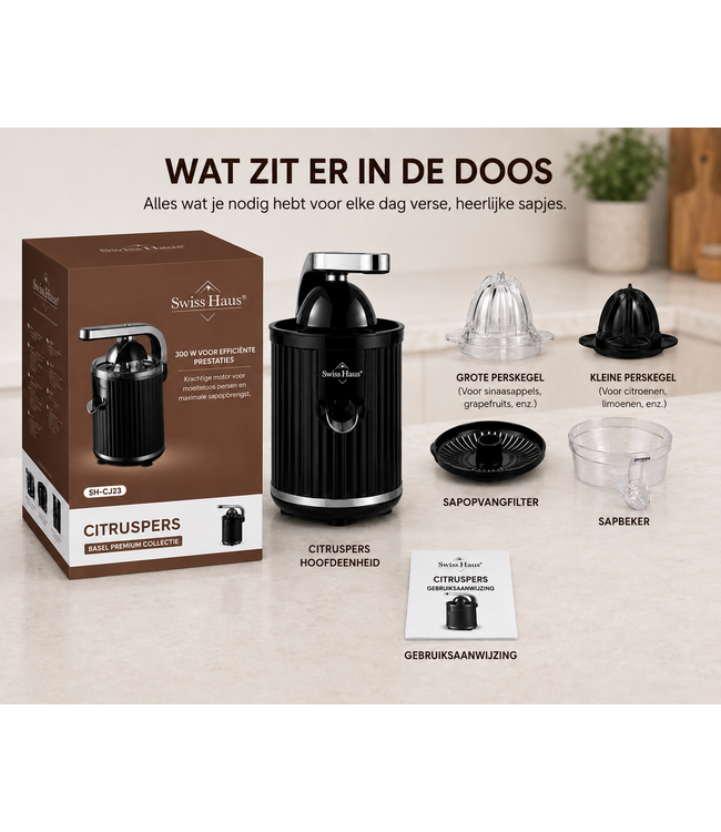 Presse-agrumes électrique Swiss Haus® CJ23 - 300 W – Presse-oranges électrique avec levier – Sans BPA – Presse-citrons – 2 cônes de pressage pour oranges et citrons – Noir