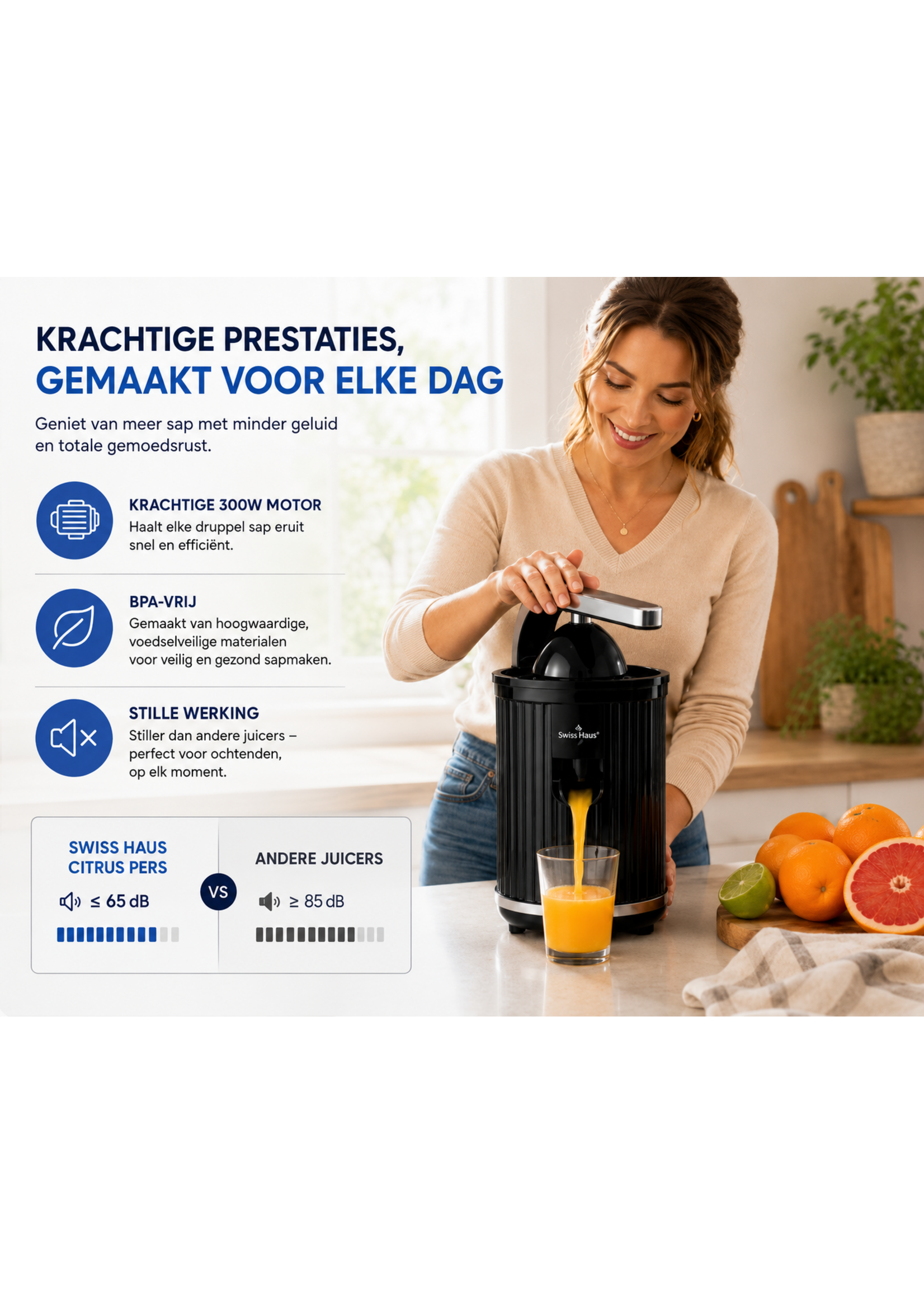Swiss Haus® CJ23 Elektrische Zitruspresse – 300 W – Elektrische Orangenpresse mit Presshebel – BPA-frei – Zitronenpresse – 2 Presskegel für Orangen und Zitronen – Schwarz
