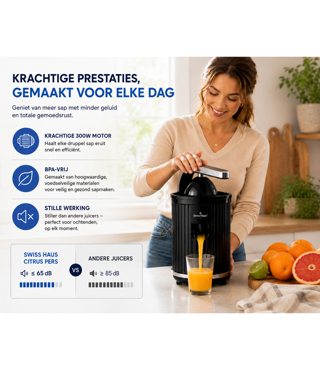 Presse-agrumes électrique Swiss Haus® CJ23 - 300 W – Presse-oranges électrique avec levier – Sans BPA – Presse-citrons – 2 cônes de pressage pour oranges et citrons – Noir