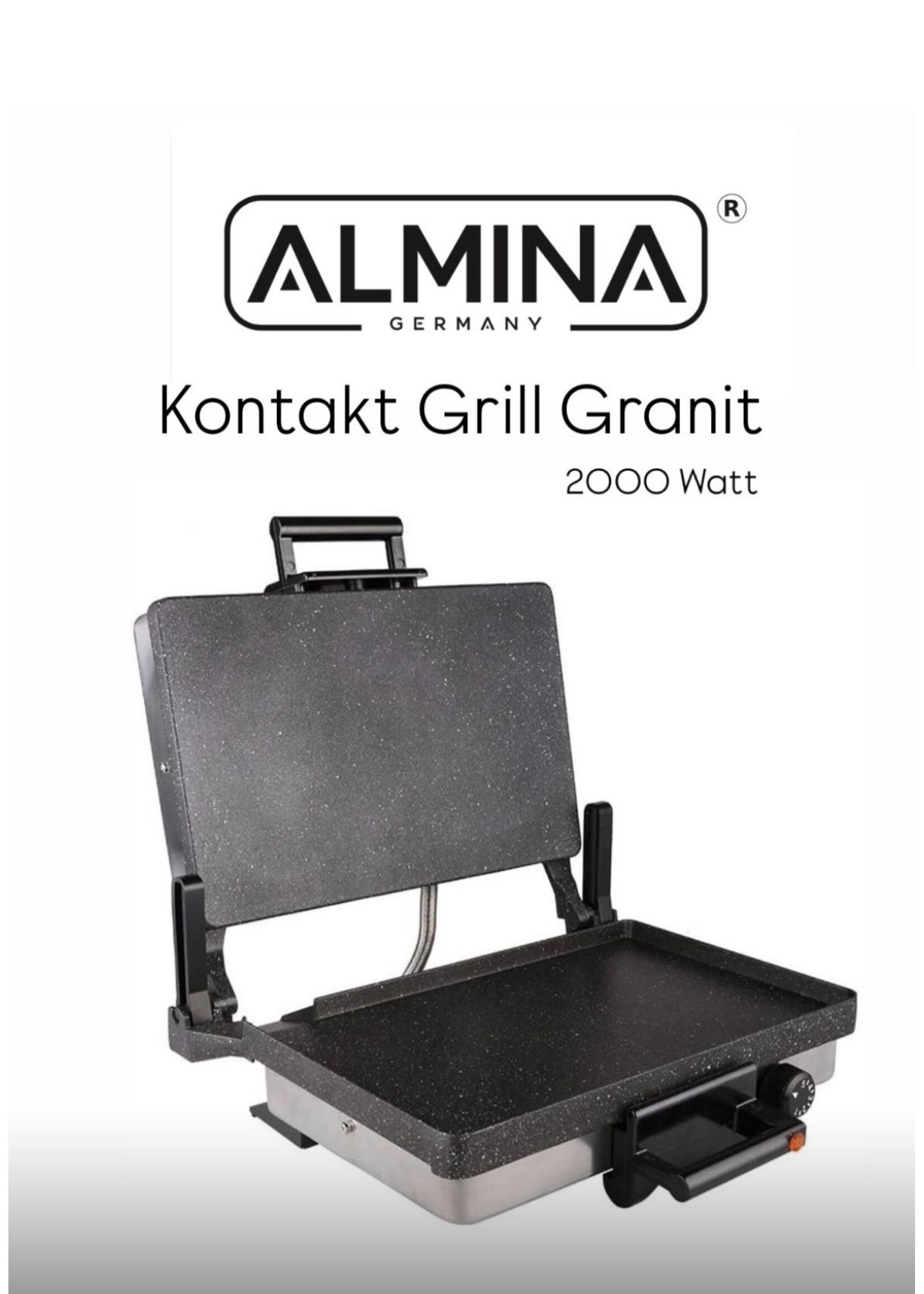 Gril électrique de contact ALMINA 2000 W – Revêtement granit – 5 réglages de température – Bac récupérateur de graisse