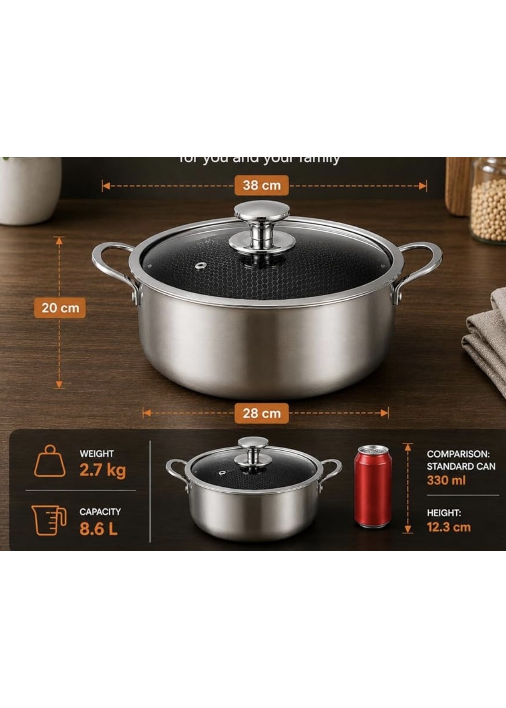 Royal Swiss® Kasserolle – Mit Deckel 28 cm – Edelstahl – Wabenmuster – Induktionsgeeignet
