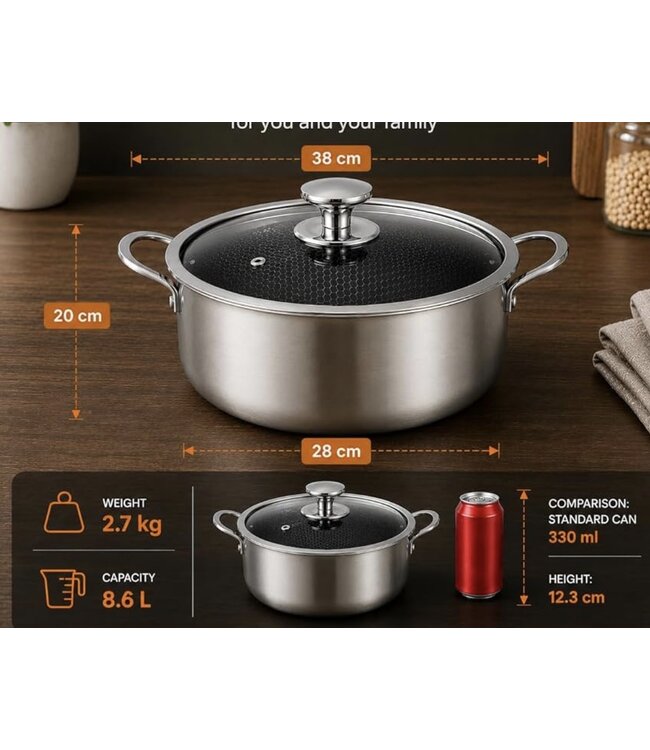 Cocotte Royal Swiss® – Avec couvercle 28 cm – Acier inoxydable – Nid d'abeille – Compatible induction