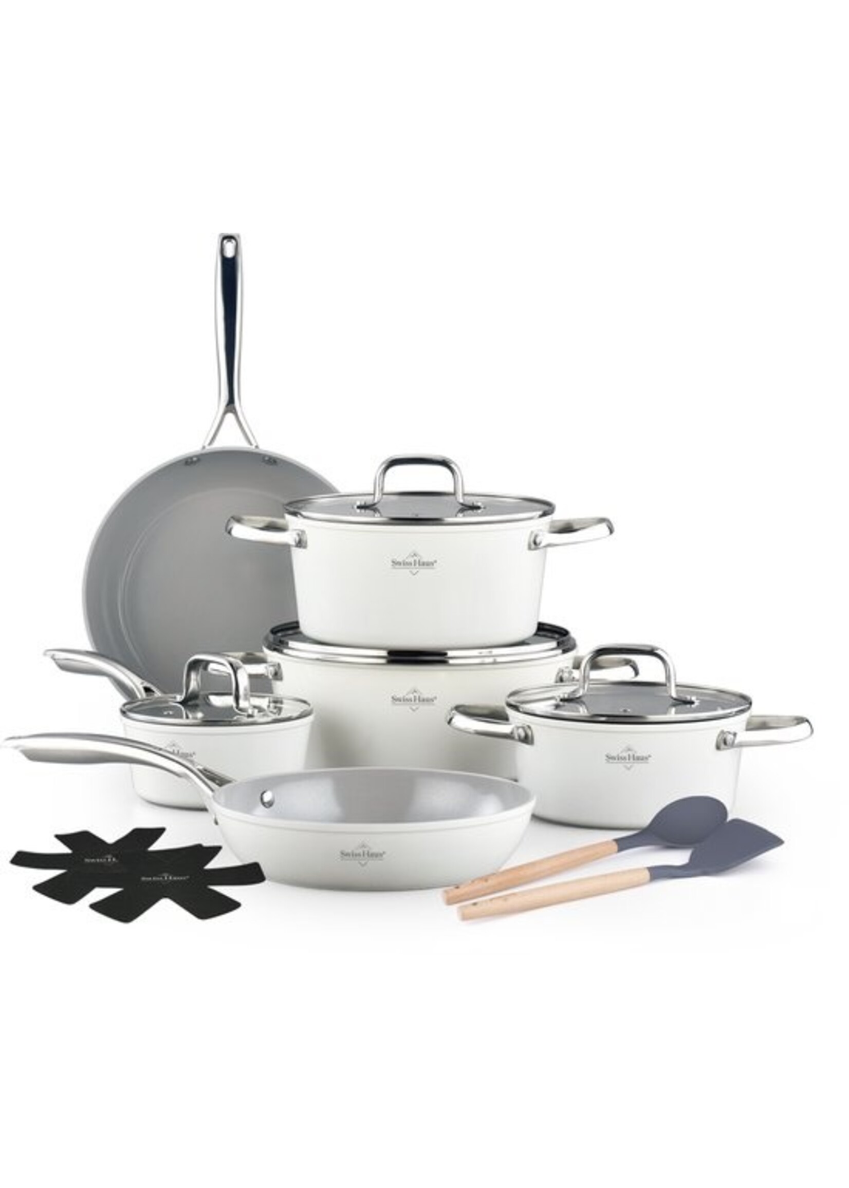 Swiss Haus® CC4014CR 14-delige Pannenset Inductie – PFAS Vrij – Keramische Antiaanbaklaag – Complete Inductie Pannenset - Koekenpannen, Braadpannen met Deksel & Steelpan -