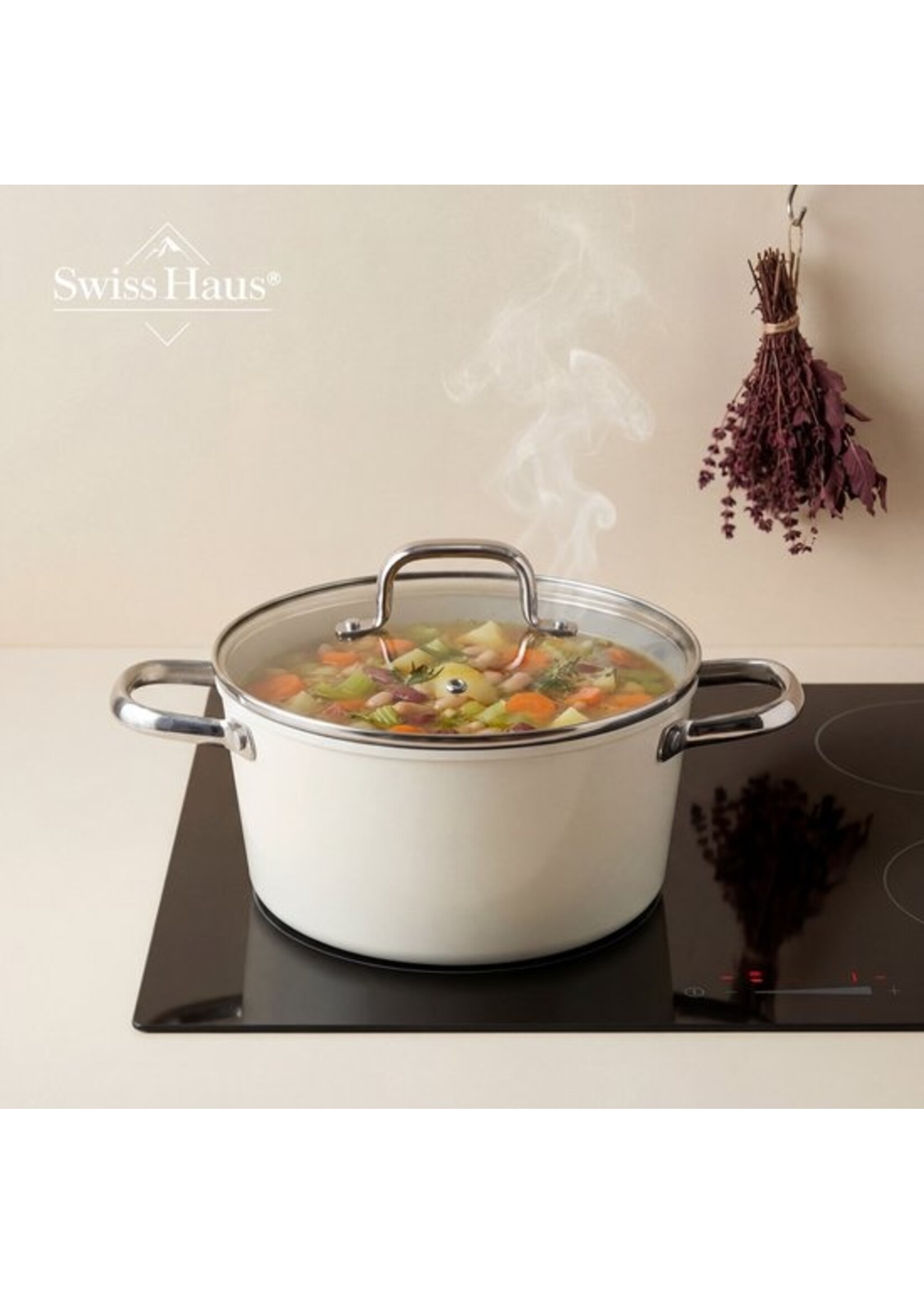Batterie de cuisine à induction Swiss Haus® CC4014CR 14 pièces – Sans PFAS – Revêtement antiadhésif en céramique – Batterie de cuisine complète pour induction - Poêles à frire, casseroles avec couvercles et casserole