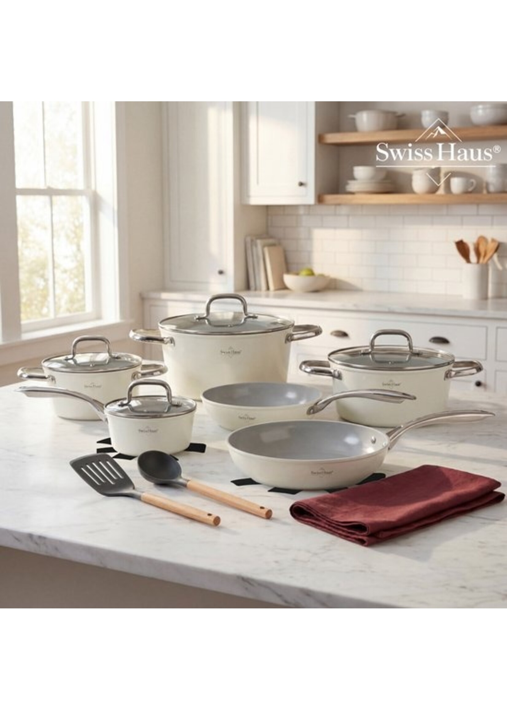 Batterie de cuisine à induction Swiss Haus® CC4014CR 14 pièces – Sans PFAS – Revêtement antiadhésif en céramique – Batterie de cuisine complète pour induction - Poêles à frire, casseroles avec couvercles et casserole