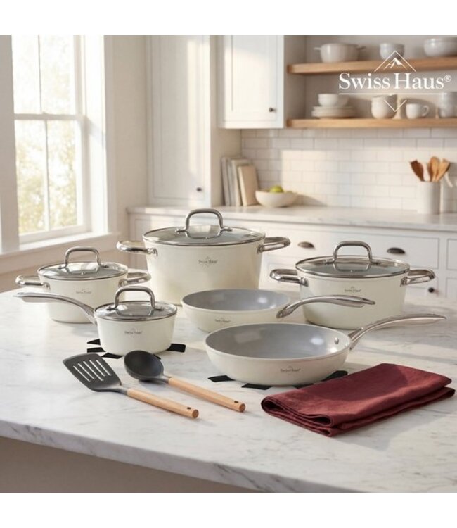 Swiss Haus® CC4014CR 14-teiliges Induktionskochgeschirr-Set – PFAS-frei – Keramische Antihaftbeschichtung – Komplettes Induktionskochgeschirr-Set – Bratpfannen, Kasserollen mit Deckel und Stielkasserolle –