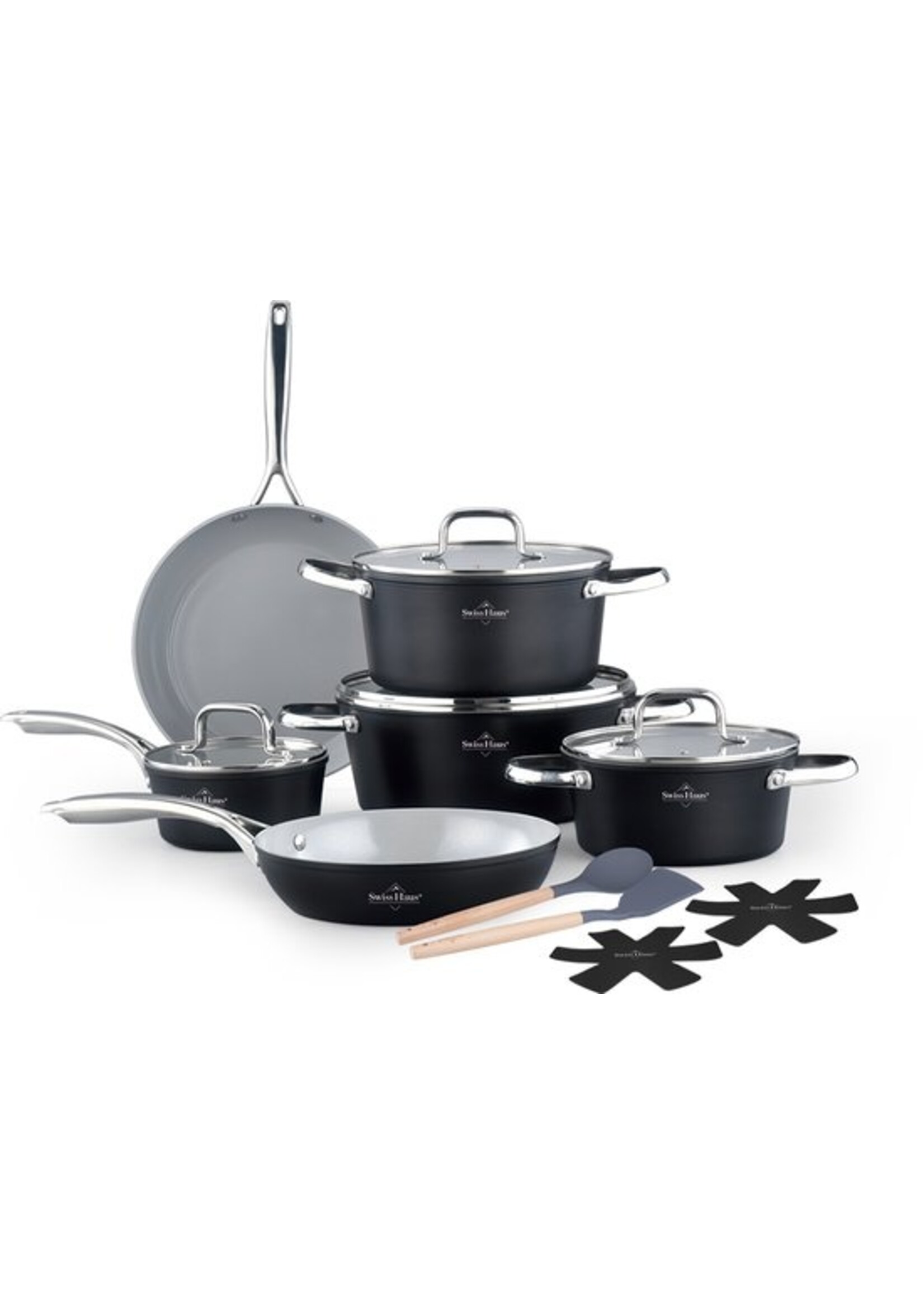 Swiss Haus® CC4014CR 14-teiliges Induktionskochgeschirr-Set – PFAS-frei – Keramische Antihaftbeschichtung – Komplettes Induktionskochgeschirr-Set – Bratpfannen, Kasserollen mit Deckel und Stielkasserolle –