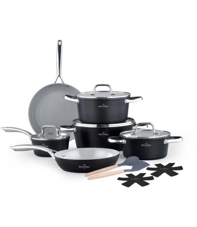 Swiss Haus® CC4014CR 14-teiliges Induktionskochgeschirr-Set – PFAS-frei – Keramische Antihaftbeschichtung – Komplettes Induktionskochgeschirr-Set – Bratpfannen, Kasserollen mit Deckel und Stielkasserolle –
