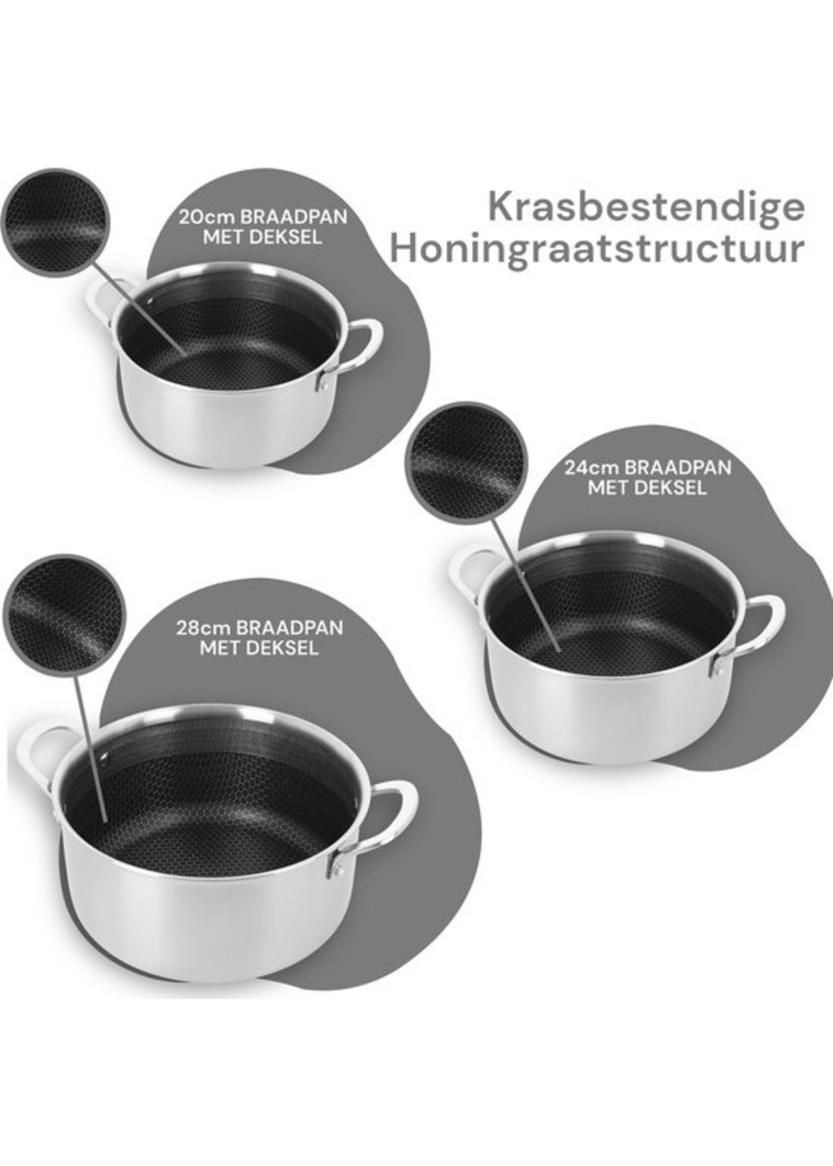Batterie de cuisine à induction 10 pièces - Poêles à frire en acier inoxydable alvéolé - Poignées froides - Antiadhésives - Royal Swiss®