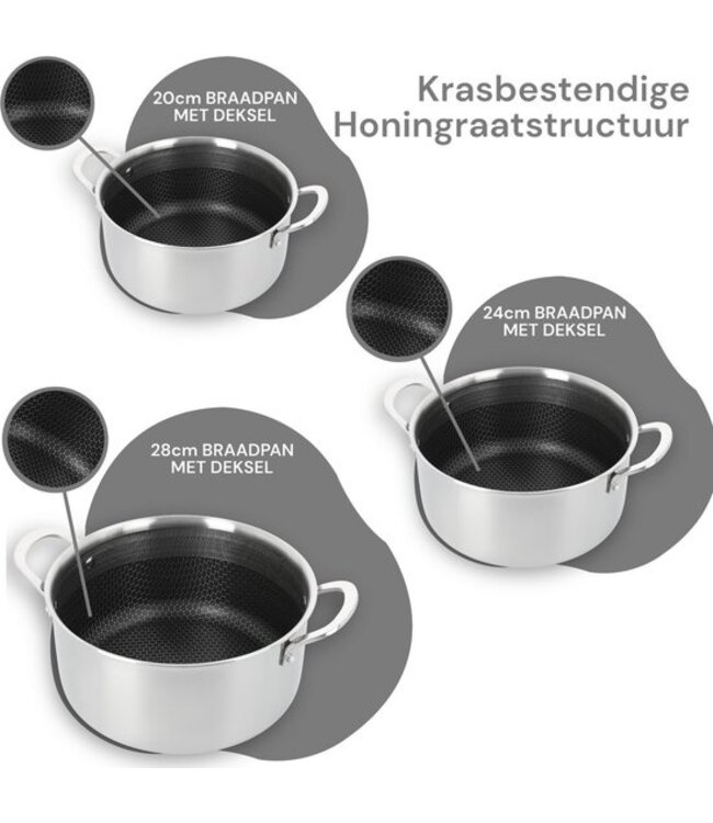 Batterie de cuisine à induction 10 pièces - Poêles à frire en acier inoxydable alvéolé - Poignées froides - Antiadhésives - Royal Swiss®