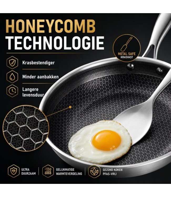Batterie de cuisine à induction 10 pièces - Poêles à frire en acier inoxydable alvéolé - Poignées froides - Antiadhésives - Royal Swiss®