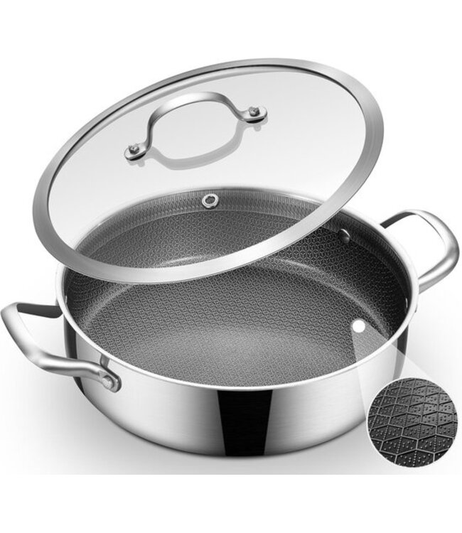 Swiss Haus® ZGLC24 Hapjespan Inductie met Deksel - Ø 24 cm / 2.9 Liter - PFAS Vrij - Hapjespannen Voor Alle Warmtebronnen - Braadpan met Krasbestendige Antiaanbaklaag - RVS