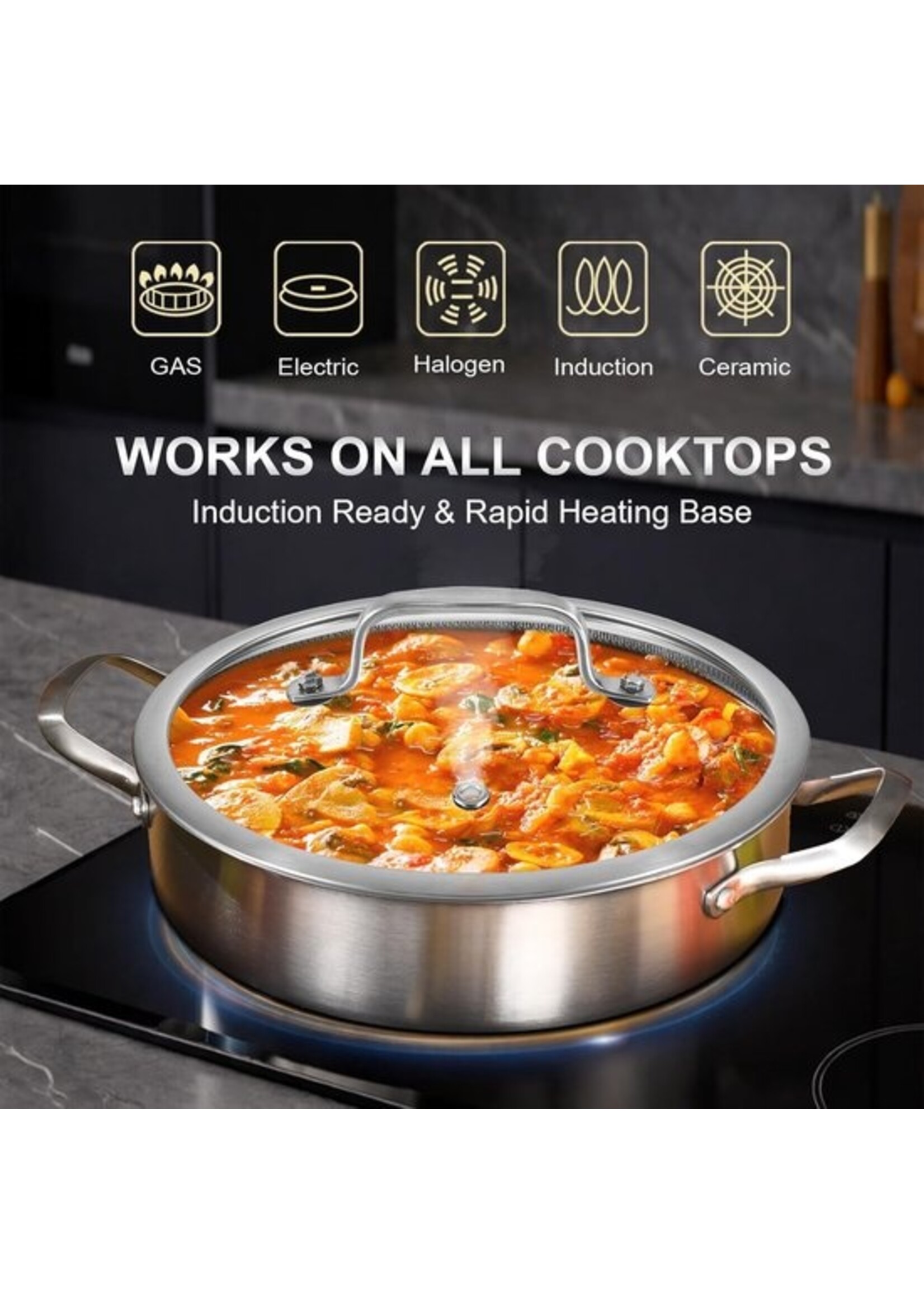 Sauteuse à induction Swiss Haus® ZGLC24 avec couvercle - Ø 24 cm / 2,9 litres - Sans PFAS - Compatible tous feux - Casserole avec revêtement antiadhésif résistant aux rayures - Acier inoxydable