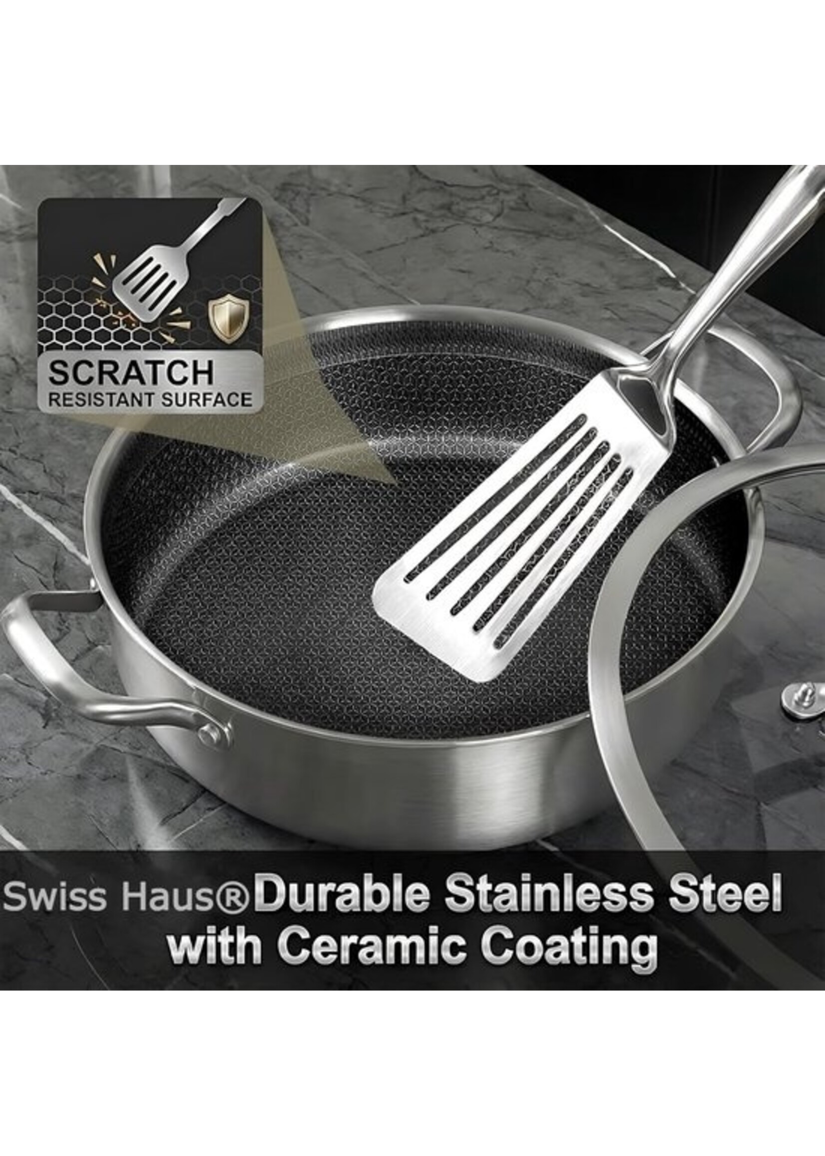 Sauteuse à induction Swiss Haus® ZGLC24 avec couvercle - Ø 24 cm / 2,9 litres - Sans PFAS - Compatible tous feux - Casserole avec revêtement antiadhésif résistant aux rayures - Acier inoxydable