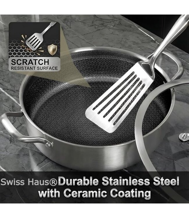 Swiss Haus® ZGLC24 Hapjespan Inductie met Deksel - Ø 24 cm / 2.9 Liter - PFAS Vrij - Hapjespannen Voor Alle Warmtebronnen - Braadpan met Krasbestendige Antiaanbaklaag - RVS