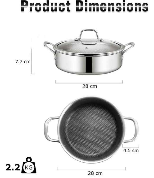 Swiss Haus® ZGLC24 Hapjespan Inductie met Deksel - Ø 24 cm / 2.9 Liter - PFAS Vrij - Hapjespannen Voor Alle Warmtebronnen - Braadpan met Krasbestendige Antiaanbaklaag - RVS