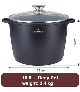 Swiss Haus® BDP28B Soeppan Inductie met Deksel - Ø 28 cm / 10.5 Liter Braadpan - PFAS Vrij - Kookpan Voor Alle Warmtebronnen - Pan Met Sapphire™ Antiaanbaklaag - Zwart