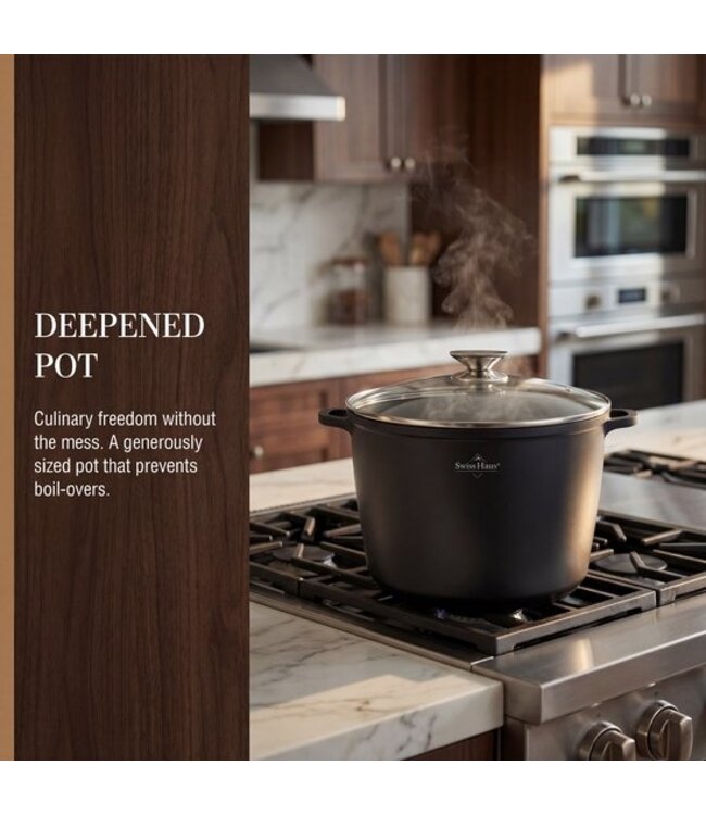Swiss Haus® BDP28B Soeppan Inductie met Deksel - Ø 28 cm / 10.5 Liter Braadpan - PFAS Vrij - Kookpan Voor Alle Warmtebronnen - Pan Met Sapphire™ Antiaanbaklaag - Zwart