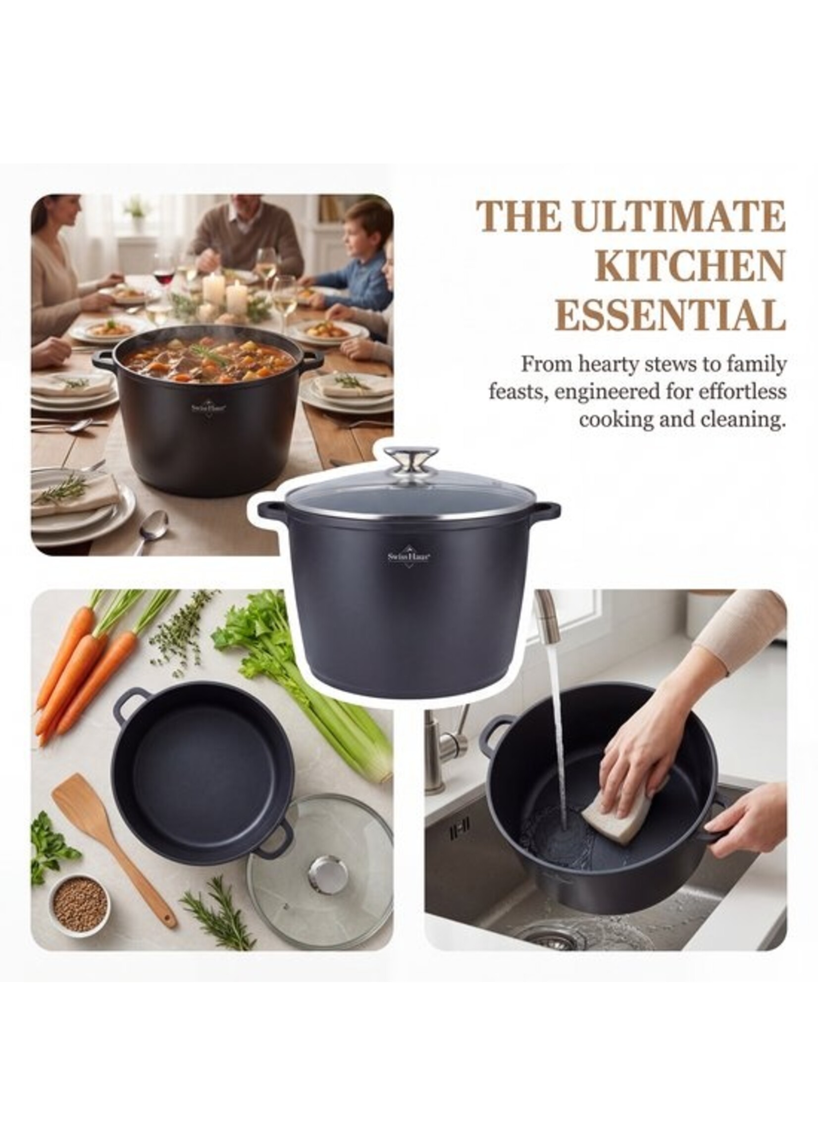 Swiss Haus® BDP28B Soeppan Inductie met Deksel - Ø 28 cm / 10.5 Liter Braadpan - PFAS Vrij - Kookpan Voor Alle Warmtebronnen - Pan Met Sapphire™ Antiaanbaklaag - Zwart