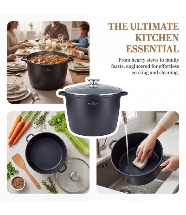 Swiss Haus® BDP28B Soeppan Inductie met Deksel - Ø 28 cm / 10.5 Liter Braadpan - PFAS Vrij - Kookpan Voor Alle Warmtebronnen - Pan Met Sapphire™ Antiaanbaklaag - Zwart