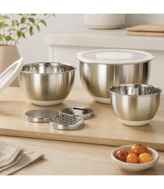 Ensemble de bols en acier inoxydable Bavaria Collection – 3 pièces avec couvercles hermétiques et accessoires pour râper