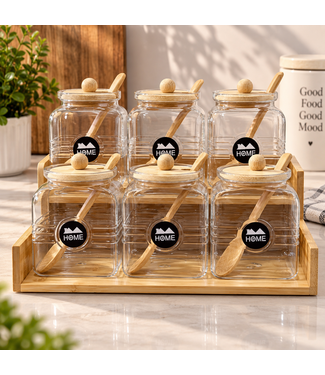 Ensemble de 6 bocaux de conservation en verre avec support en bambou – 350 ml
