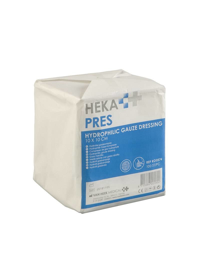 HEKA pres hydrofiel gaaskompres - 10 x 10 cm niet steriel 8 lagen (100 Stuks)