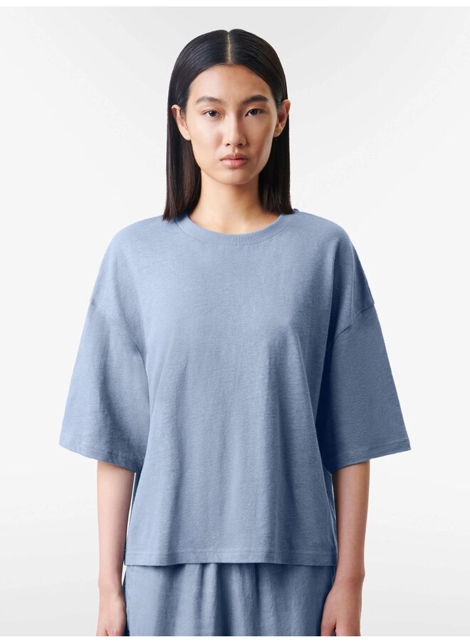 Drykorn t-shirt linnen-katoenmix blauw