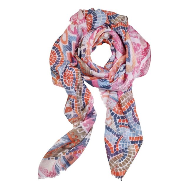 Viscose sjaal mozaïek print- roze/oranje/wit/blauw