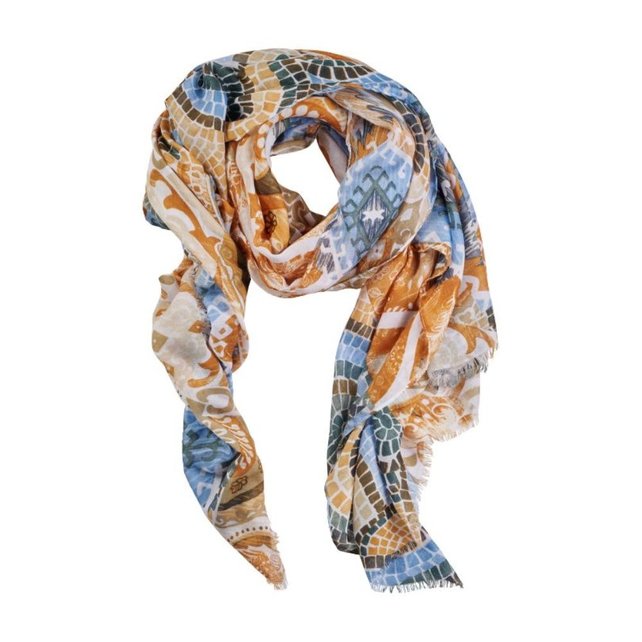 Viscose sjaal mozaïek print- bruin/beige/blauw