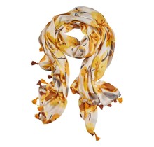Viscose sjaal bloemenprint met kwastjes  - geel/wit/grijs/bruin