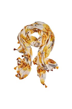 Viscose sjaal bloemenprint met kwastjes  - geel/wit/grijs/bruin *