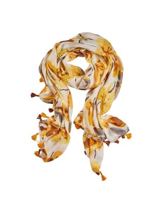 Viscose sjaal bloemenprint met kwastjes  - geel/wit/grijs/bruin *