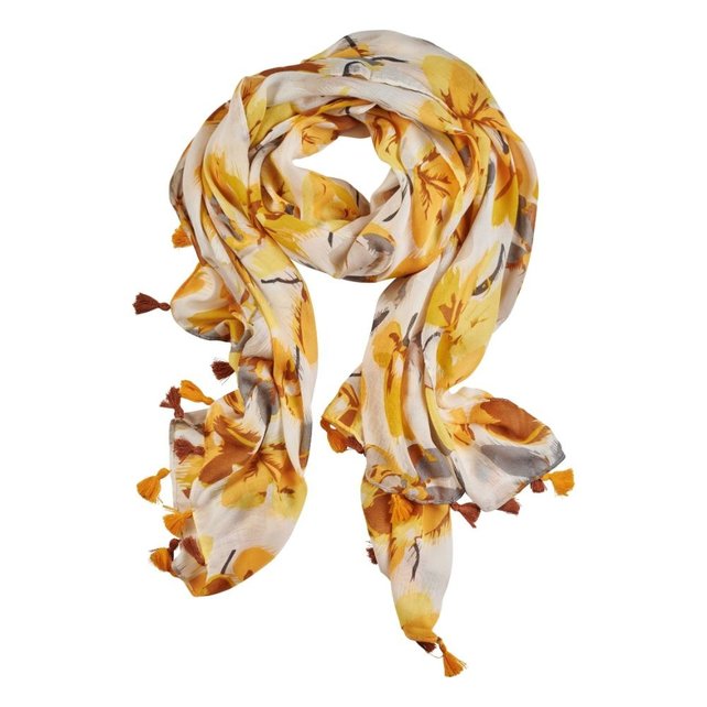 Viscose sjaal bloemenprint met kwastjes  - geel/wit/grijs/bruin