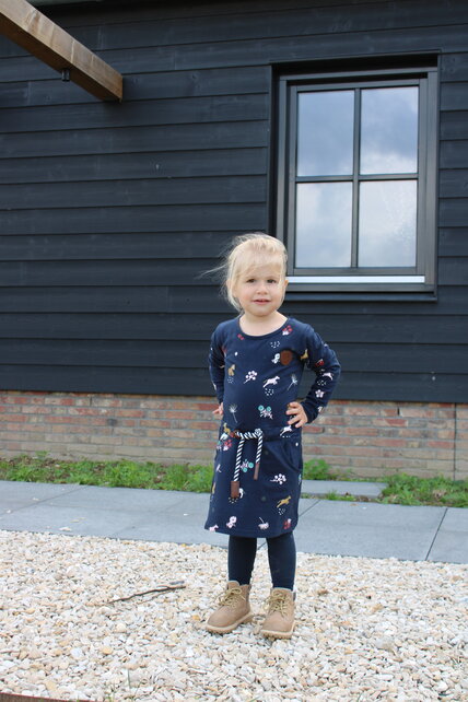 Meisjes jurk marine bloemetjes/paardjes lange mouwen *