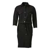 Damesjurk travelstof 3/4 mouwen met strik-ceintuur en knopen - zwart