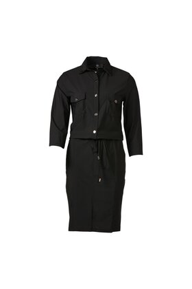 Damesjurk travelstof 3/4 mouwen met strik-ceintuur en knopen - zwart *