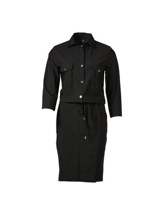 Damesjurk travelstof 3/4 mouwen met strik-ceintuur en knopen - zwart *